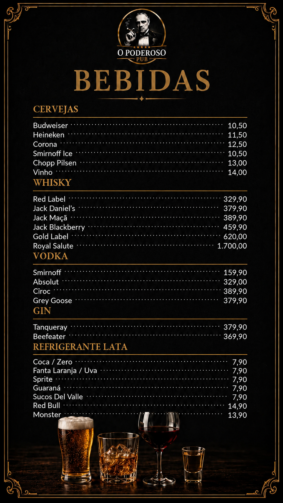 Cardápio de bebidas do O Poderoso Pub.